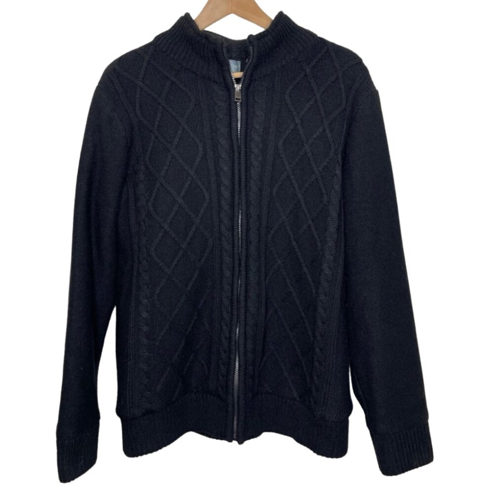 OSCAR DE LA RENTA | Black Zip Up Chunky Knit Lined Long Sleeve Cardigan | Size S